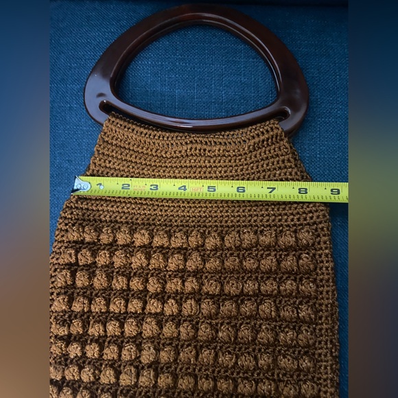 Vintage Crochet Rust Brown with Knots & Oval Lucite Handles Boho Handbag Purse - Picture 11 of 12